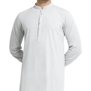 Vente en gros 2026 Shalwar Kameez traditionnel gris clair sophistiqué pour hommes avec col à revers et coupe droite, idéal - Product Image 3