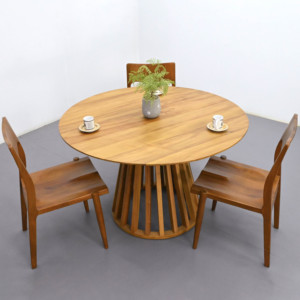 Ensemble de table à manger ronde en bois de teck de 140cm de diamètre au design chinois moderne, paisible et charmant pour restaurant, salle à manger et cuisine. - Product Image 3