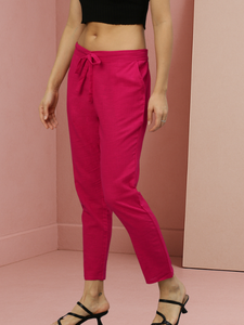 Soft <b>Womens</b> Straight Fit Pink Cotton Slub <b>Trouser</b> <b>Pant</b> Comfortable Solid Casual Bottom Wear For Daily Office Travel Use - Product Image 2