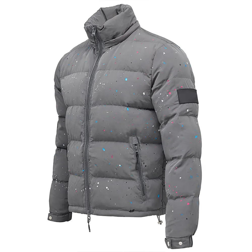 High Quality Print Outdoor Padded Logo Parka Winter Puffer Down Nylon Detachable Hood Puff Custom Men'S Jacket Grey Paint Coat