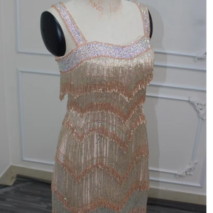 Robe fourreau sans manches au genou brodée de perles de paillettes col en cœur Poly maille tissu droite formelle fête Cocktail - Product Image 4