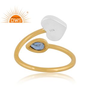 แหวนพลอยบุษราคัมธรรมชาติสีฟ้าชุบทอง18K ดีไซน์ทำด้วยมือล่าสุดปรับได้ - Product Image 4