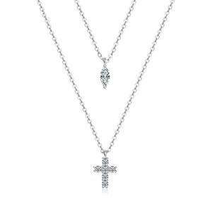 Collar de Plata 925 con Colgante de Cruz con Moissanita de Corte Brillante Baguette de 3x6mm y 2mm, Engaste de Garra, Cadena de Eslabones, Novedades para Mujer - Product Image 2