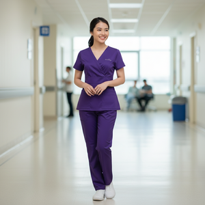 Haut de travail enveloppant à col en V pour femme MITEXCO de qualité supérieure, couleur violet |   Tunique médicale à manches courtes avec plusieurs poches pour les professionnels de la santé - Product Image 3