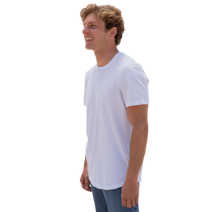 <b>Men</b> White 100% Luxury Organic Cotton Short Sleeve Henley <b>Curved</b> <b>Hem</b> <b>T</b> <b>Shirt</b> Pre Shrunk GOTS Certified Premium Breathable Fit Tee - Product Image 3
