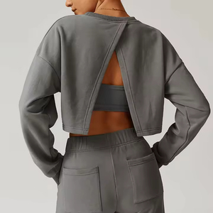 Sudadera Corta de Manga Larga con Cuello Redondo para Mujer, Personalizada, para Gimnasio, Fitness, Otoño e Invierno, Informal, Estampada, Lavada al Ácido, ODM, Nueva - Product Image 3