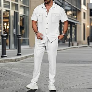 Ensemble Homme Décontracté d'Été à Rayures avec Poche, Haut à Manches Courtes, Pantalon Long à Cordon, Confortable, Respirant, 100% Coton - Product Image 5