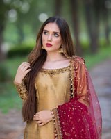 Ensemble Palazo Shalwar Traditionnel Multicolore en Soie Banarasi et Fausse Fourrure, Longueur Genou, pour Femme