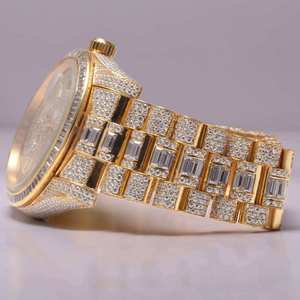 Baguette Moissanite นาฬิกาโทนสีทองติดเพชรประดับเพชรนาฬิกาควอตซ์เคลื่อนไหววันที่ฟังก์ชั่นวันที่เย็นฮิปฮอปสำหรับผู้ชายผู้หญิง - Product Image 3