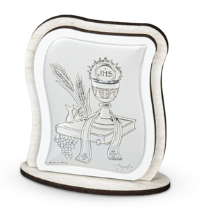 Plaque religieuse en métal argenté, forme irrégulière, découpe et impression, motif calice de communion gravé, thème prière, Europe - Product Image 1