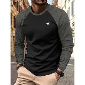 T-shirt décontracté à manches longues pour l'automne et le printemps, col simple, couleur unie, coupe ajustée, design uni, tissu tricoté teint. - Product Image 6