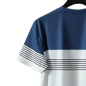 เสื้อยืดคอกลมแขนสั้นขายส่ง ลายทางบล็อกสี เสื้อยืดคอกลมลำลอง เสื้อผ้าลำลองฤดูร้อน ผู้จำหน่ายเสื้อผ้าขายส่ง - Product Image 4