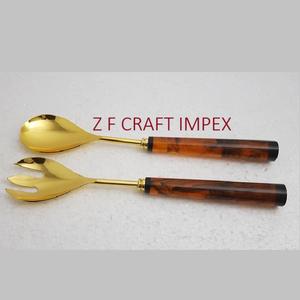 Natural Buffalo Horn Handle <b>Gold</b> Plated Stainless Steel Salad Serving <b>Spoons</b> New Trending Design Tools Salad Servers - Product Image 6