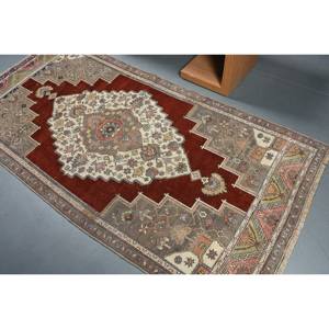 Alfombra de lana Vintage roja y beige, alfombra turca de área grande hecha a mano de 4x8 pies, alfombra rectangular de látex de 10mm, alfombra abstracta para pasillo y habitación - Product Image 4