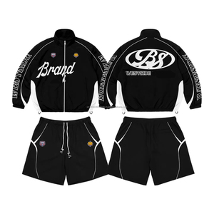 ชุดวอร์มแบบยูนิเซ็กซ์ผ้าฝ้าย ชุดจ็อกเกอร์ 2 ชิ้น ชุดเซ็ตเสื้อฮู้ดและกางเกงขาสั้น แต่งลายปะติดปะต่อ สไตล์วินด์เบรกเกอร์ทรงหลวมสำหรับผู้ชาย - Product Image 4