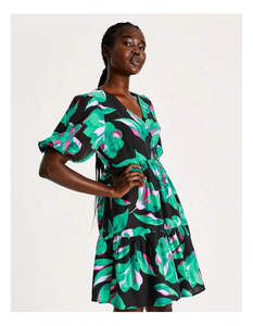 Charm Energetic <b>Black</b> Midi Chiffon 100% Cotton Short Sleeves Color Print <b>Wrap</b> Dress Loose Fit V-neck All-over Floral Print Tie - Product Image 4