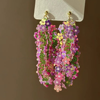 Boucles d'oreilles pendantes en laiton pour femme, motif fleur de cristal brillant, perles de riz aiguille d'argent, fraîches, élégantes et mignonnes, personnalisables