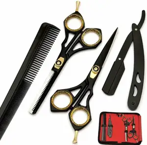 Black color coated Barber Razor Professional Hair Cutting Thinning Scissors Hairdressing Comb Standard Scissors Set Barber Kit