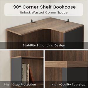 Libreria Angolare a L in Legno di Noce, Scaffale Geometrico Asimmetrico Alto con 3 Cassetti, Vetrina per Ufficio e Casa - Product Image 2