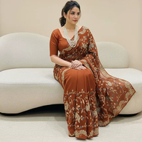 Sari tendance en soie Georgette indienne avec broderie et bordure en dentelle, fabriqué au Pakistan, prêt-à-porter pour femme, idéal pour la plage et les soirées.