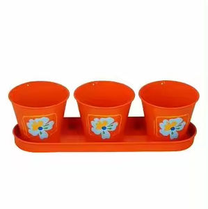 Décoration de jardin Décoration de table Décoration de table Pot de plantes Dernier lot de 3 jardinières rondes en métal avec plateau au design orange et floral - Product Image 1