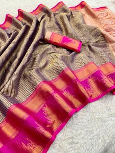 Robe traditionnelle indienne contemporaine non cousue en soie Tussar au design lourd élégant, belle tenue de soirée douce tissée - Product Image 5