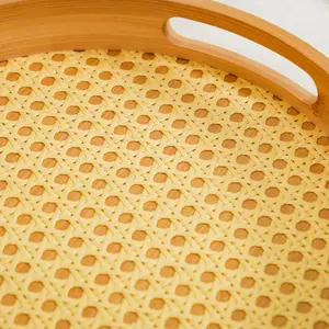 ชุดถาดไม้กลมสานหวาย2ชุดจะแสดงในภาพถาดทำจากไม้สีอ่อนที่มีหวายทอ - Product Image 5