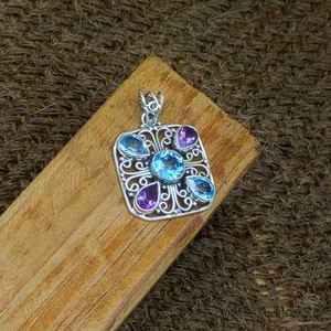 จี้อเมทิสต์สีฟ้าบุษราคัมสีม่วง925ลวดเงินชั้นดีออกแบบงานฝีมือศิลปินชาวโบฮีเมียนจี้ธรรมชาติอันสวยงามมีเสน่ห์ - Product Image 1