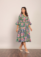 Robe Midi Multicolore Imprimée Fleurie à Manches Longues en Coton pour Femme, Tendance, Idéale pour Fêtes et Tenues Décontractées Estivales