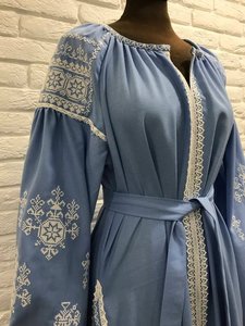Robe longue bohème d'automne à col en V en coton tissé avec broderie florale et manches longues à taille naturelle - Product Image 3