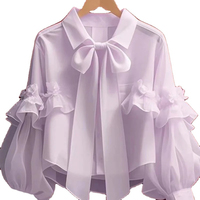Coton Dames Doux Blouses Femmes À Manches Longues Bandage Vintage Chemises Solide Couleur Arc Lâche Automne Blouse