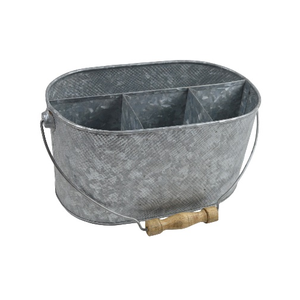 Buy Sky Blue Color Oval Galvanized Metal <b>Caddy</b> With Dividers & Wooden Handle With Middle Grey Floral Design - Product Image 6