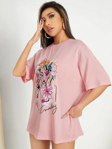Camiseta de algodón de alta calidad para mujer, nueva moda, Color sólido, logotipo personalizado, estampado, ajuste holgado, medio cuello redondo, verano, suministro al por mayor - Product Image 6