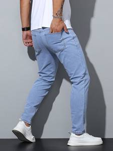 Jean en denim bleu glace moderne et tendance pour homme, coupe droite, lavable, écologique, tailles 28 à 40, coupe ajustée - Product Image 4