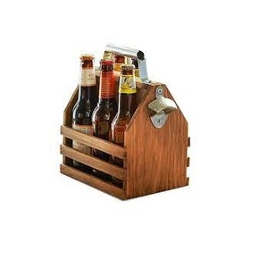 Wooden Beer Caddy Carrier Wood Beer Basket Solid Pine Wood Beer Bottle Holder with Handle Made in India