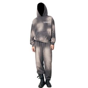 Survêtements en molleton gris vintage avec logo personnalisé survêtements délavés au soleil 400 g/m² ensemble pantalon de survêtement et sweat à capuche vierge délavé à l'acide - Product Image 1