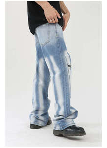 Pantalones vaqueros de cintura alta de calidad personalizada, pantalones vaqueros holgados de algodón con etiqueta de mezclilla media, pantalones vaqueros desgastados de lavado de calle para hombre - Product Image 4