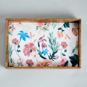 Plateau rectangulaire en bois à motif de feuilles tropicales, plateau de service disponible pour les restaurants et les cafés, revêtement émaillé avec des motifs floraux - Product Image 4