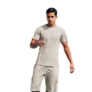 Beige Waffle <b>Knit</b> Round Neck Formal Solid Summer Breathable 100% Cotton Cargo Shorts <b>Set</b> - Product Image 1