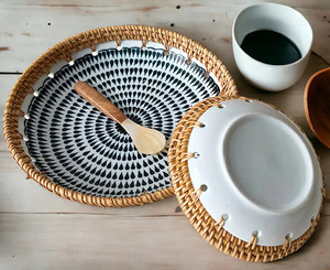 Handmade Glazed Ceramic and Natural Rattan Serving <b>Tray</b> Decorative Home Storage Woven Rattan Basket Housewarming Gift - Product Image 5