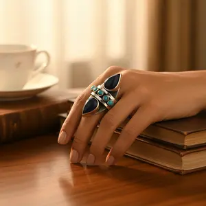 Anillo Abierto Geométrico de Plata de Ley 925 con Ónix y Turquesa - Joyería de Moda para Mujer - Product Image 1