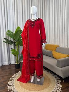 Red Embroidered <b>Silk</b> Salwar Kameez Set Black Lace Details Traditional Indian Pakistani Graduation Women Ankle-Length Dress - Product Image 1