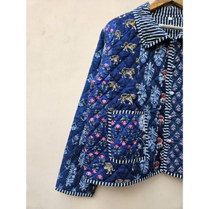 Giacca invernale fatta a mano in cotone indiano da <span class=keywords><strong>donna</strong></span> trapuntata con fodera in seta traspirante con motivo tigre stampato a righe morbide e confortevoli - Product Image 2