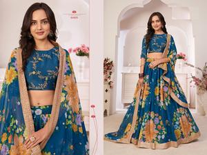 Impression de fleurs la plus vendue avec travail de séquence Georgette Lehenga Choli pour mariage et fête au prix d'exportation - Product Image 5