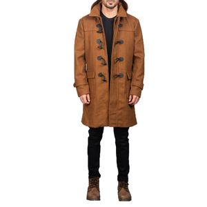 Men's Hooded Khaki Wool Toggle Duffle Long <b>Coat</b> with Genuine <b>Leather</b> Toggles Breathable Winter Warm <b>Coat</b> - Product Image 4