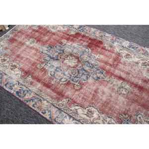 Vintage Turkish Accent Rug 4.6x7.5 ft, <b>Red</b> Blue Floral <b>Wool</b> Rug - Product Image 3