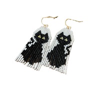 Handmade Halloween Cat Design Seed Beads <strong>Embroidery</strong> Earrings Trendy <strong>Top</strong> with Pear Diamond Stone Custom Fashionable <strong>Hoop</strong> Earings
