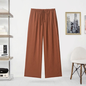 Pantalon long décontracté en tissu tissé à taille mi-haute avec cordon de serrage, respirant, pour l'été, couleur marron, pour femmes, OEM - Product Image 3