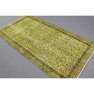 Alfombra Turca Vintage de 3.5x6.7 pies, Alfombra de Lana Verde Marrón con Diseño de Camuflaje - Product Image 4