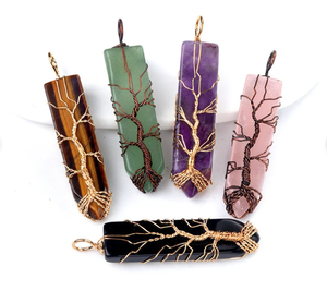 Colgante de piedra natural de árbol de la vida enrollado a mano 2024 con cadena de acero inoxidable collar de seis prismas de cristal natural - Product Image 1